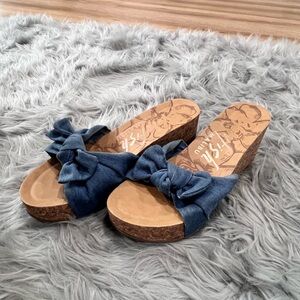 Blue Bow Cork Wedge Sandals